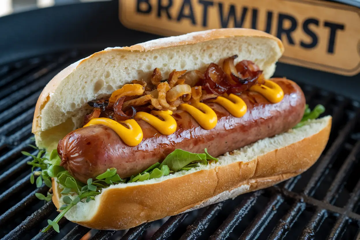 Grilled bratwurst served with sauerkraut, pretzels, and mustard.