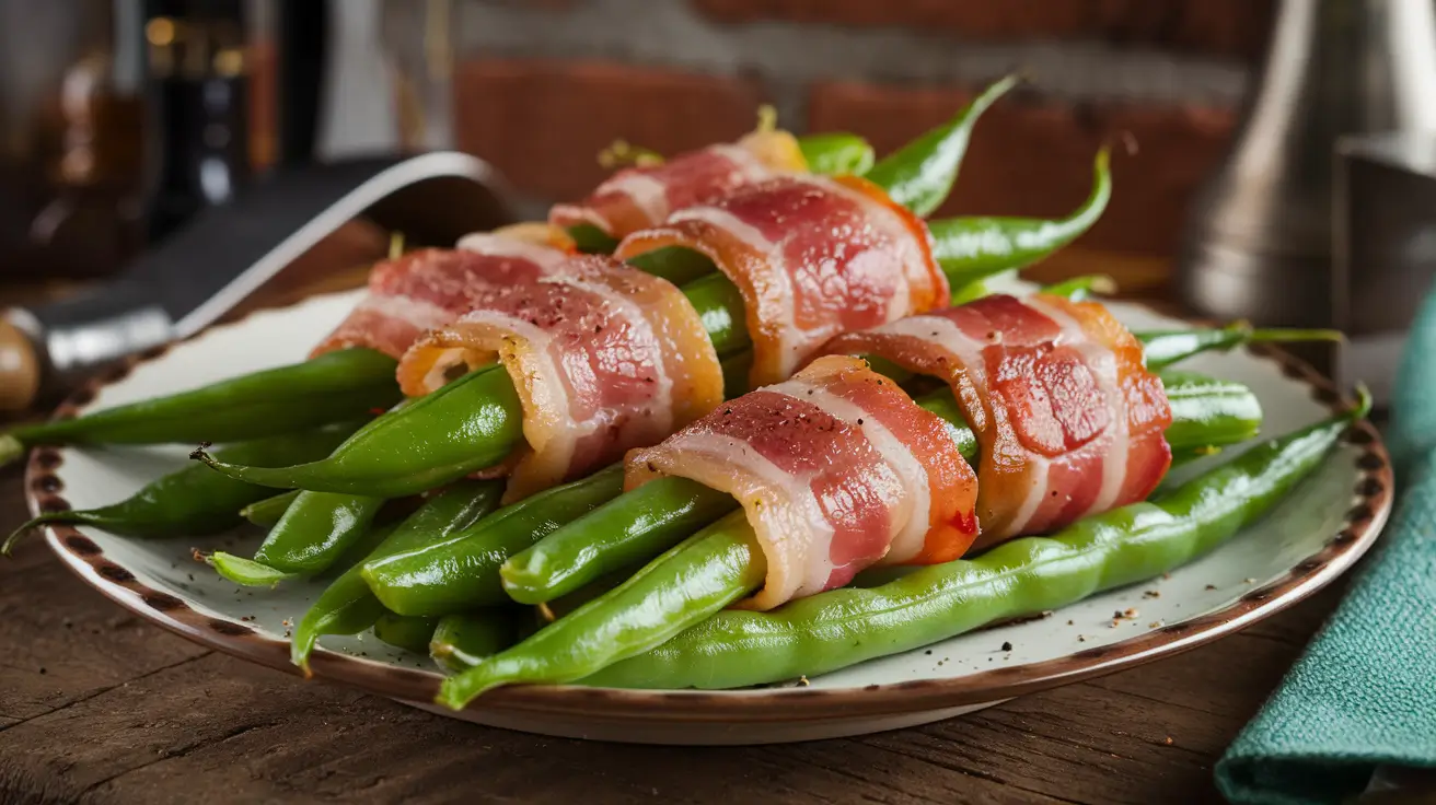 A plate of crispy bacon wrapped green beans.