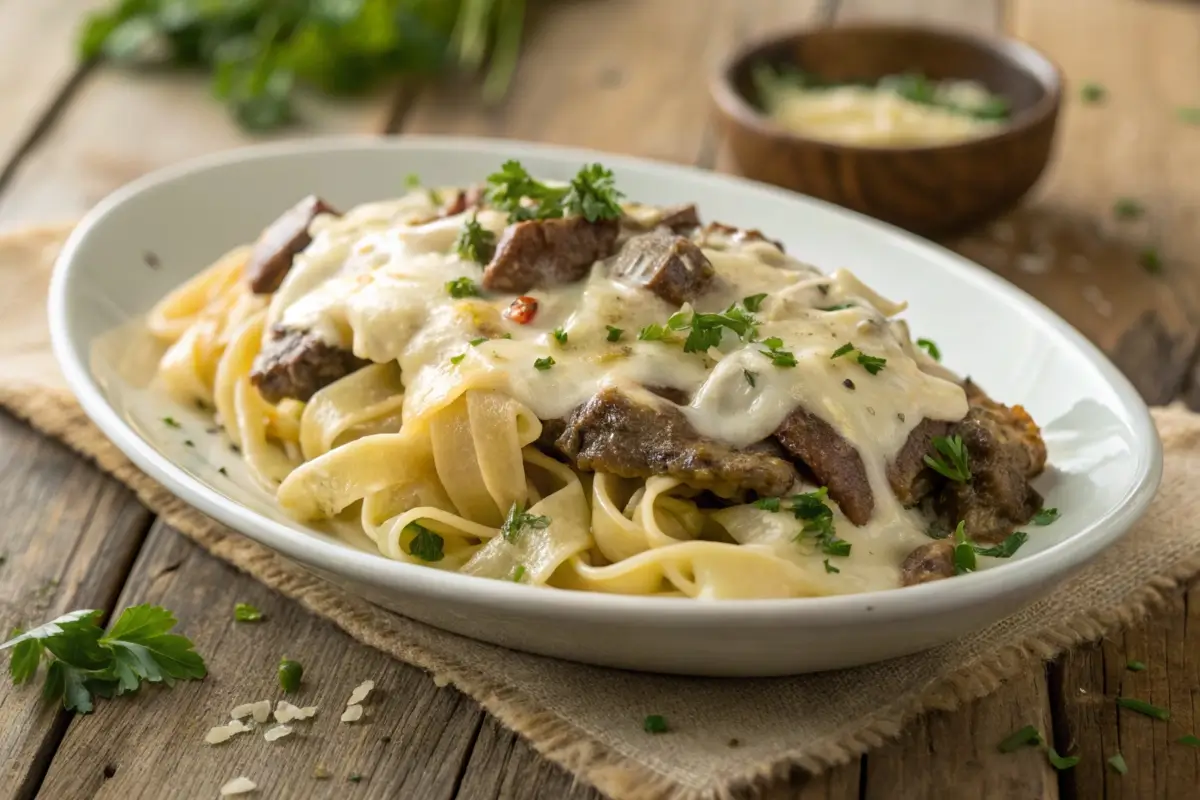 Deliciously plated Philly Cheesesteak Pasta topped with cheese and parsley