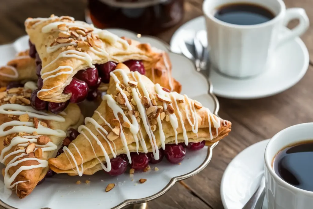 Cherry turnovers drizzled with white chocolate and paired with coffee.