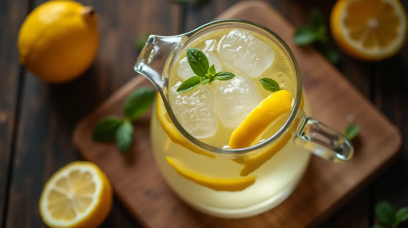 A pitcher of pre-mixed Tom Collins cocktail with lemon slices and ice.