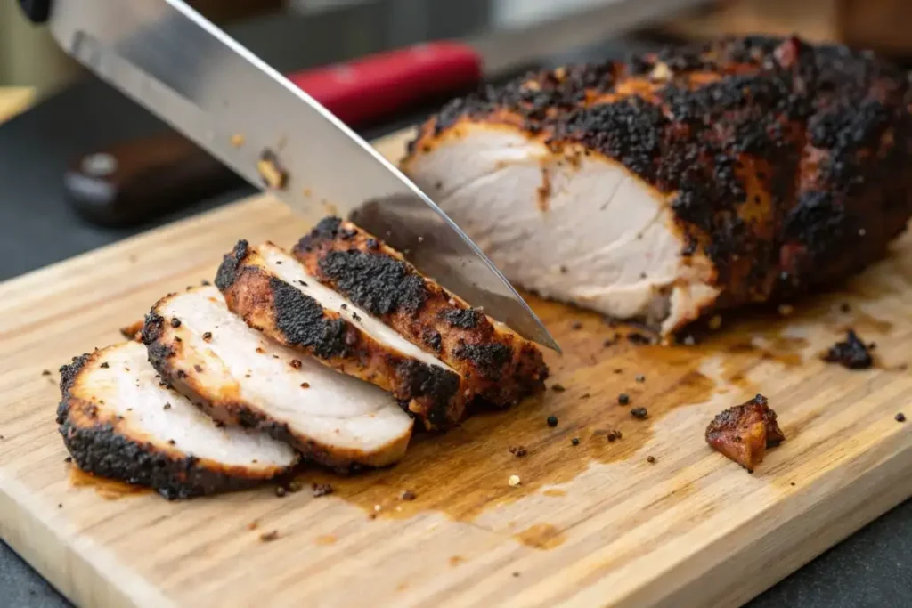 Slicing blackened chicken on a cutting board