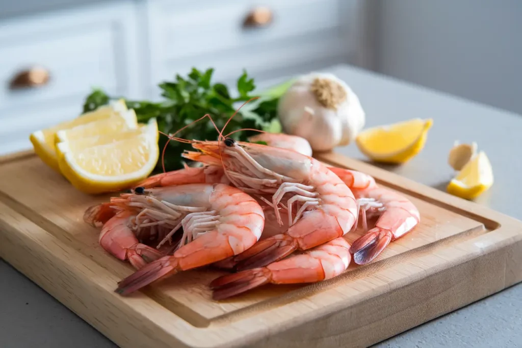 Raw shrimp being cleaned and deveined with fresh lemon and parsley.