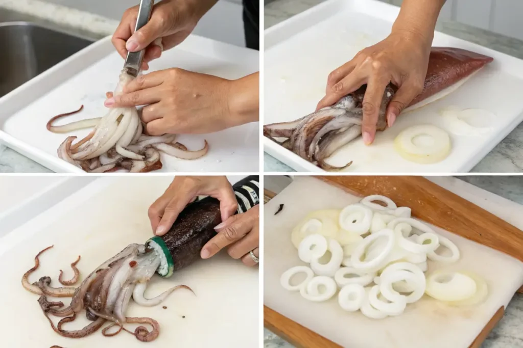 Step-by-step process of cleaning and preparing squid for calamari.