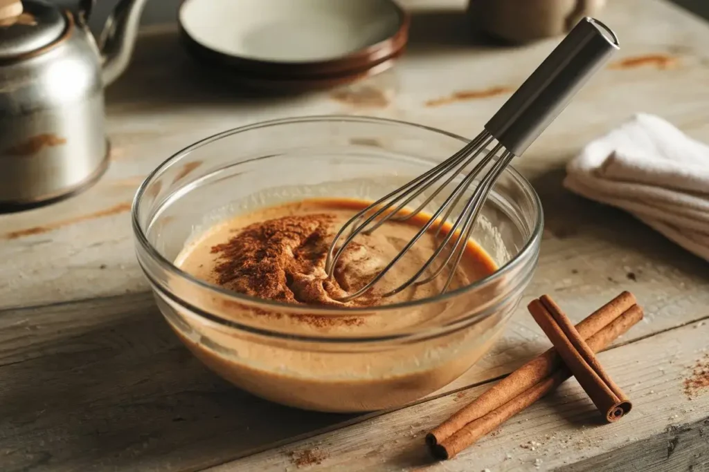 Mixing batter for baked cinnamon French toast muffins.