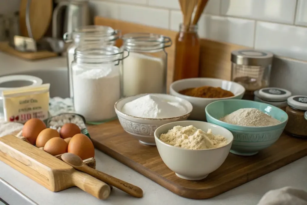 Ingredients for rising recipes arranged on a kitchen counter.