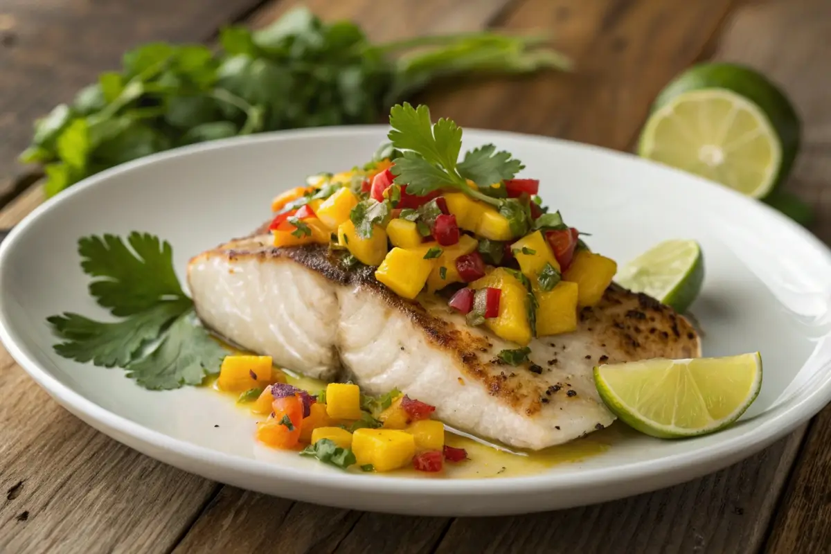 Rockfish with Mango Salsa on a rustic wooden table.