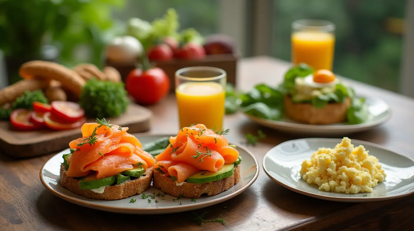 A balanced breakfast spread with smoked salmon, eggs, and avocado toast.