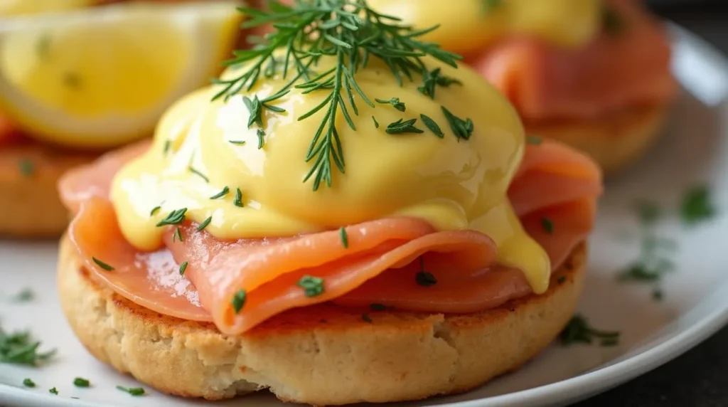 Salmon eggs Benedict with hollandaise sauce and dill garnish