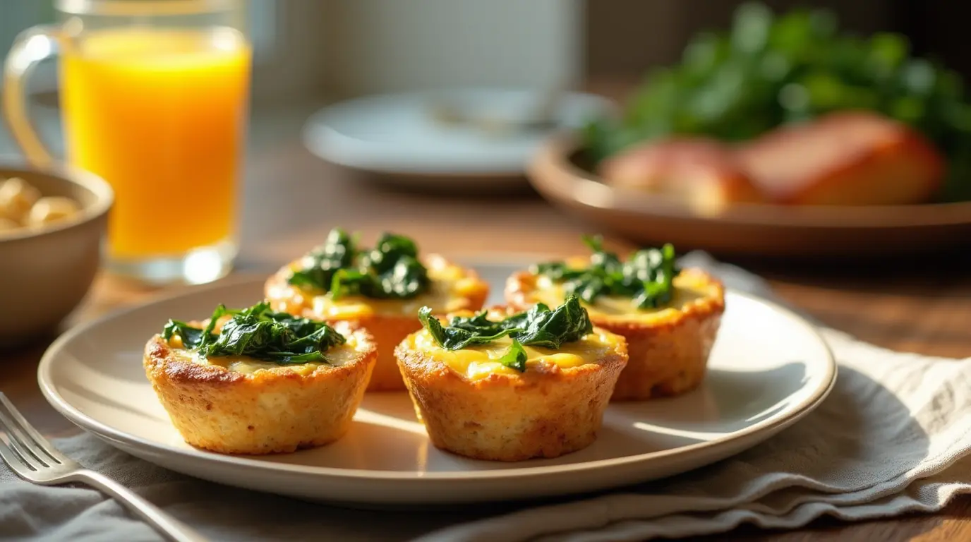 Salmon egg cups with spinach and cheese on a breakfast table