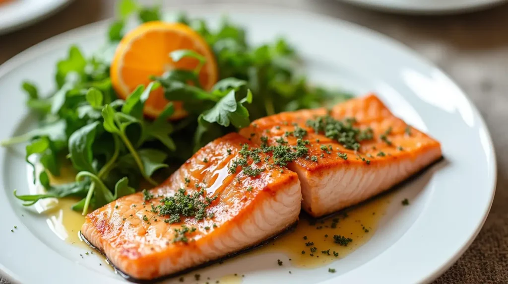 Arugula salad with citrus and vinaigrette paired with salmon.