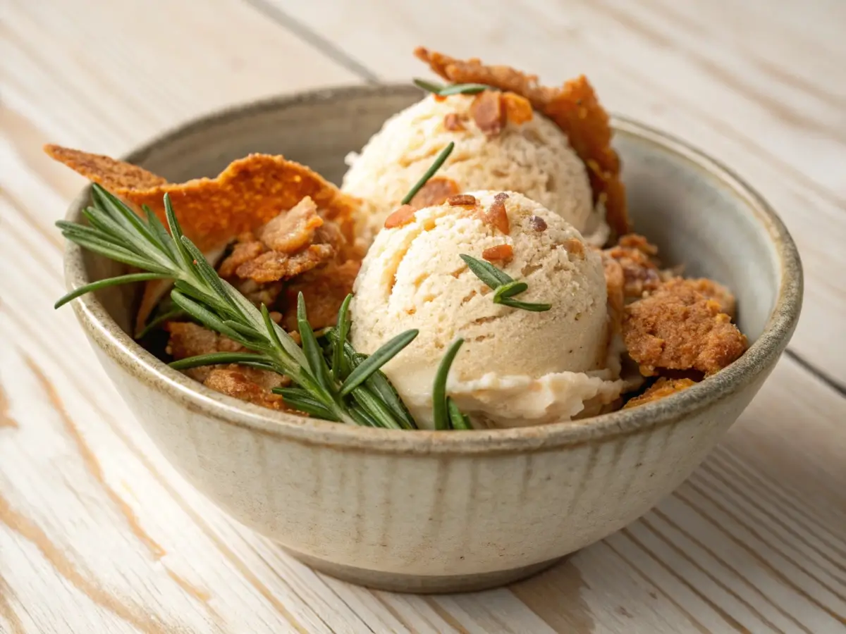 Chicken ice cream garnished with crispy chicken skin and rosemary