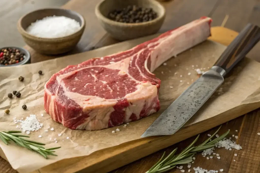 Raw Cowboy Steak with Marbling and Seasoning Ingredients