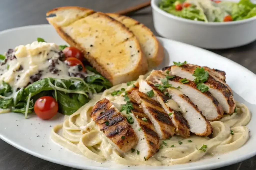 Blackened chicken Alfredo served with garlic bread and salad