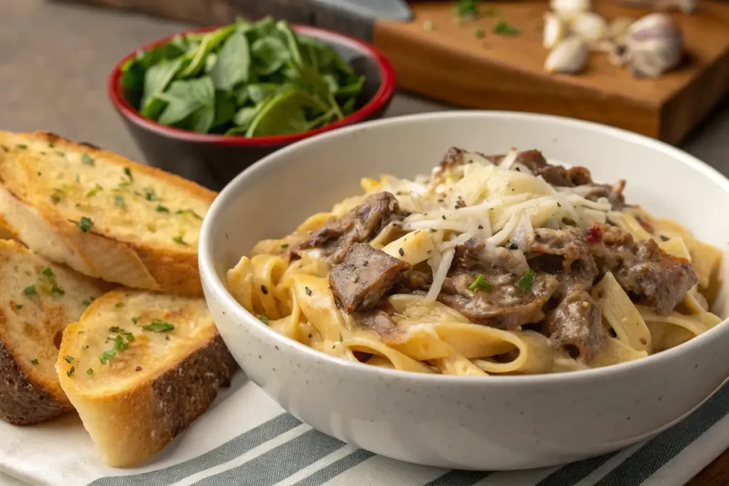 Bowl of Philly Cheesesteak Pasta with garlic bread