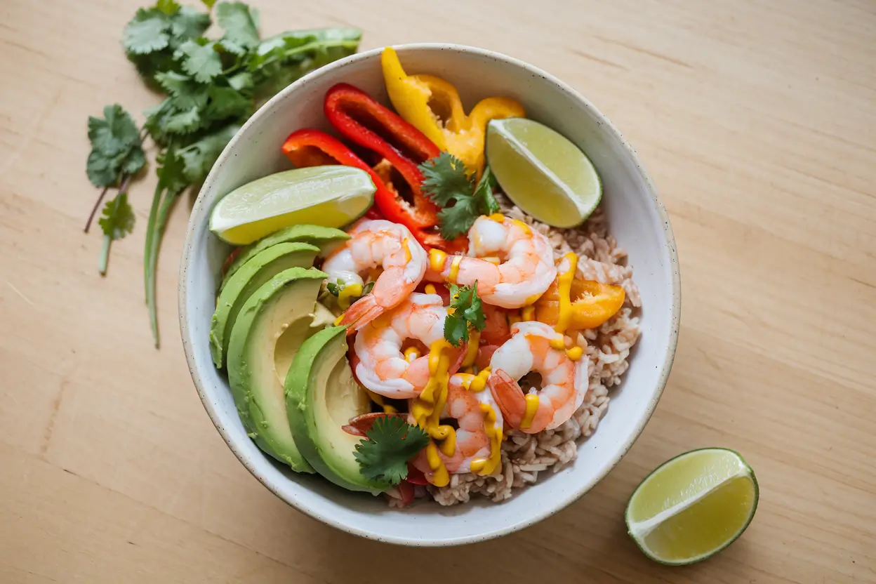 Shrimp bowl with shrimp, avocado, peppers, rice, and tangy sauce.