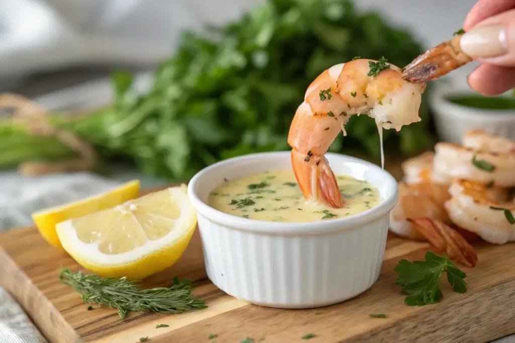 Shrimp being dipped in lemon herb sauce.