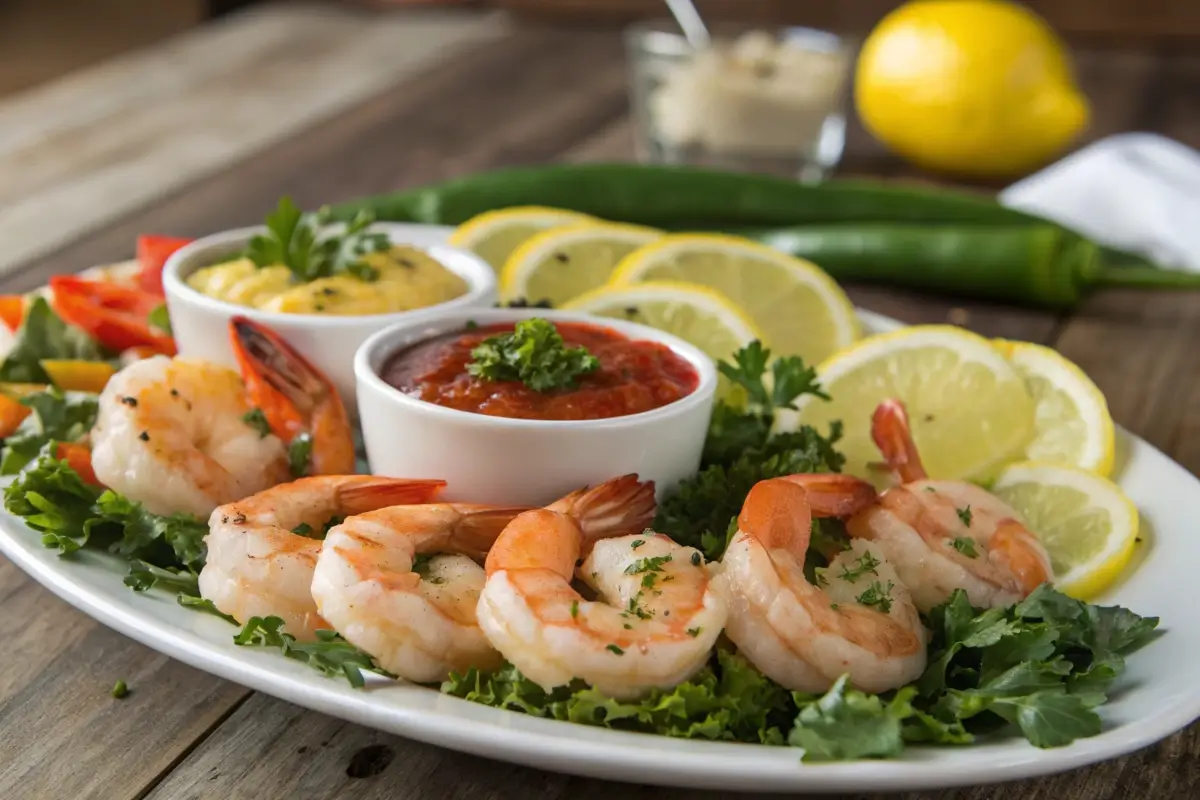 Colorful shrimp dish with various sauces on a wooden table.