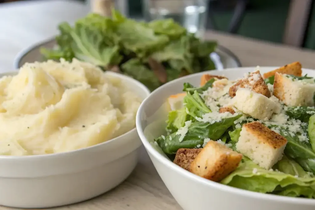 Mashed potatoes and Caesar salad beside Alice Springs Chicken