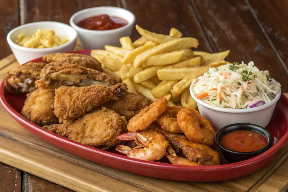 Fried chicken, fish, and shrimp platter from Sharks Fish & Chicken