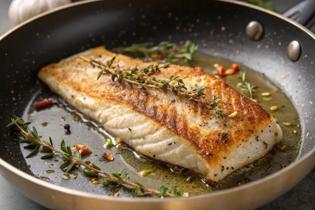 Pan-seared rockfish fillet cooking in a frying pan.
