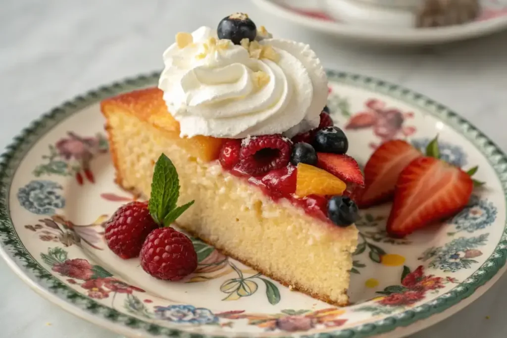 Slice of cake with sour cream served with fruit