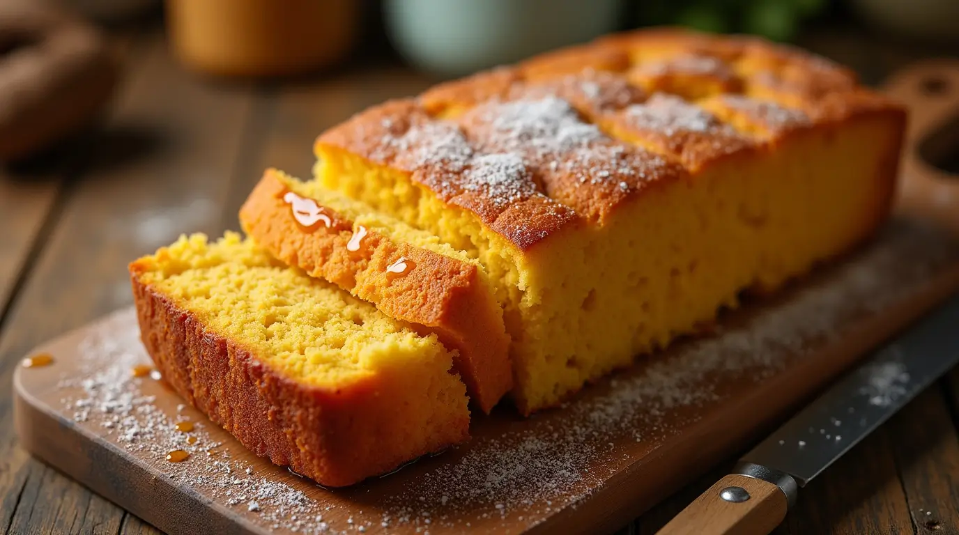 Golden honey cornbread with butter melting on top.