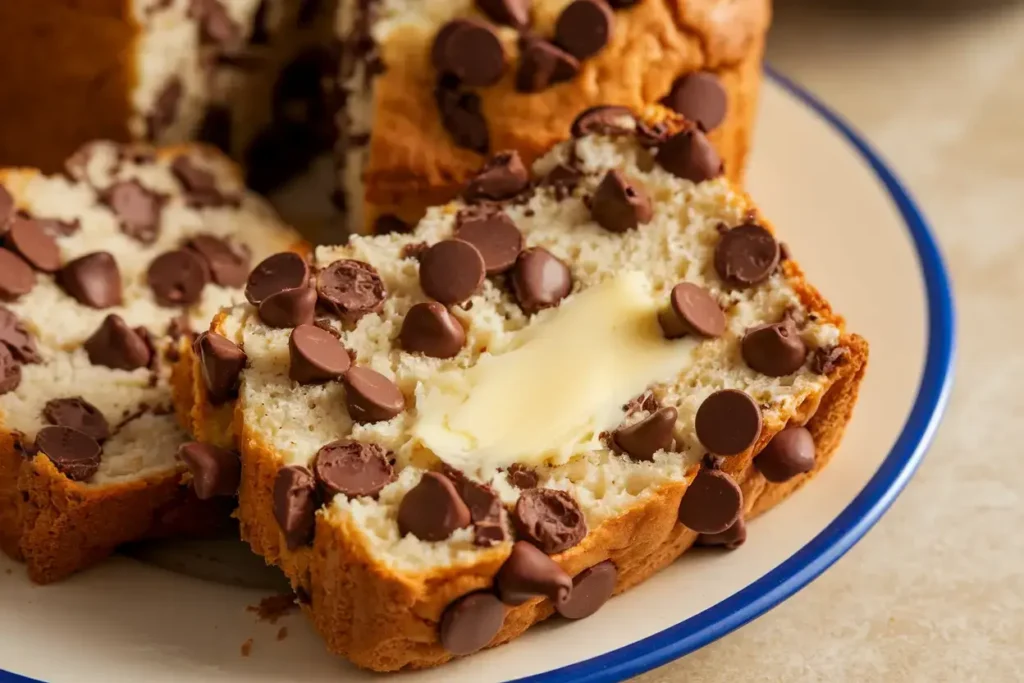 Slices of chocolate chip bread with melted chocolate and butter.