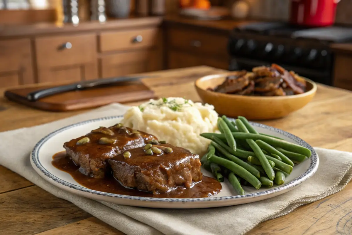 Plated Slow Cooker Cube Steak with Mashed Potatoes and Green Beans