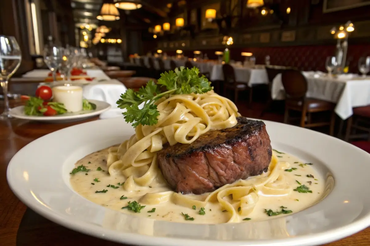 Juicy steak with fettuccine alfredo.