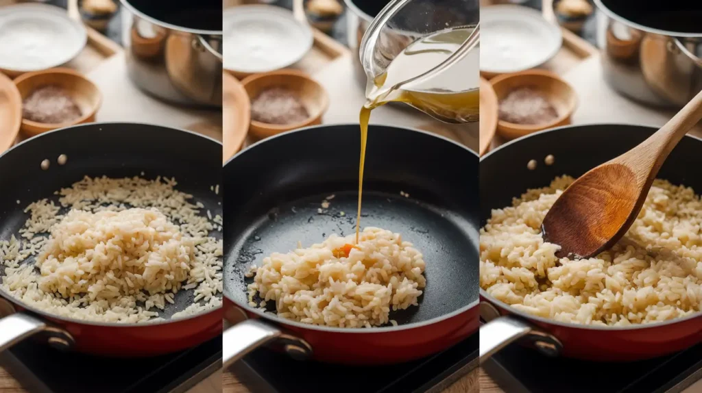 Cooking risotto in a pan with broth being added and stirred.