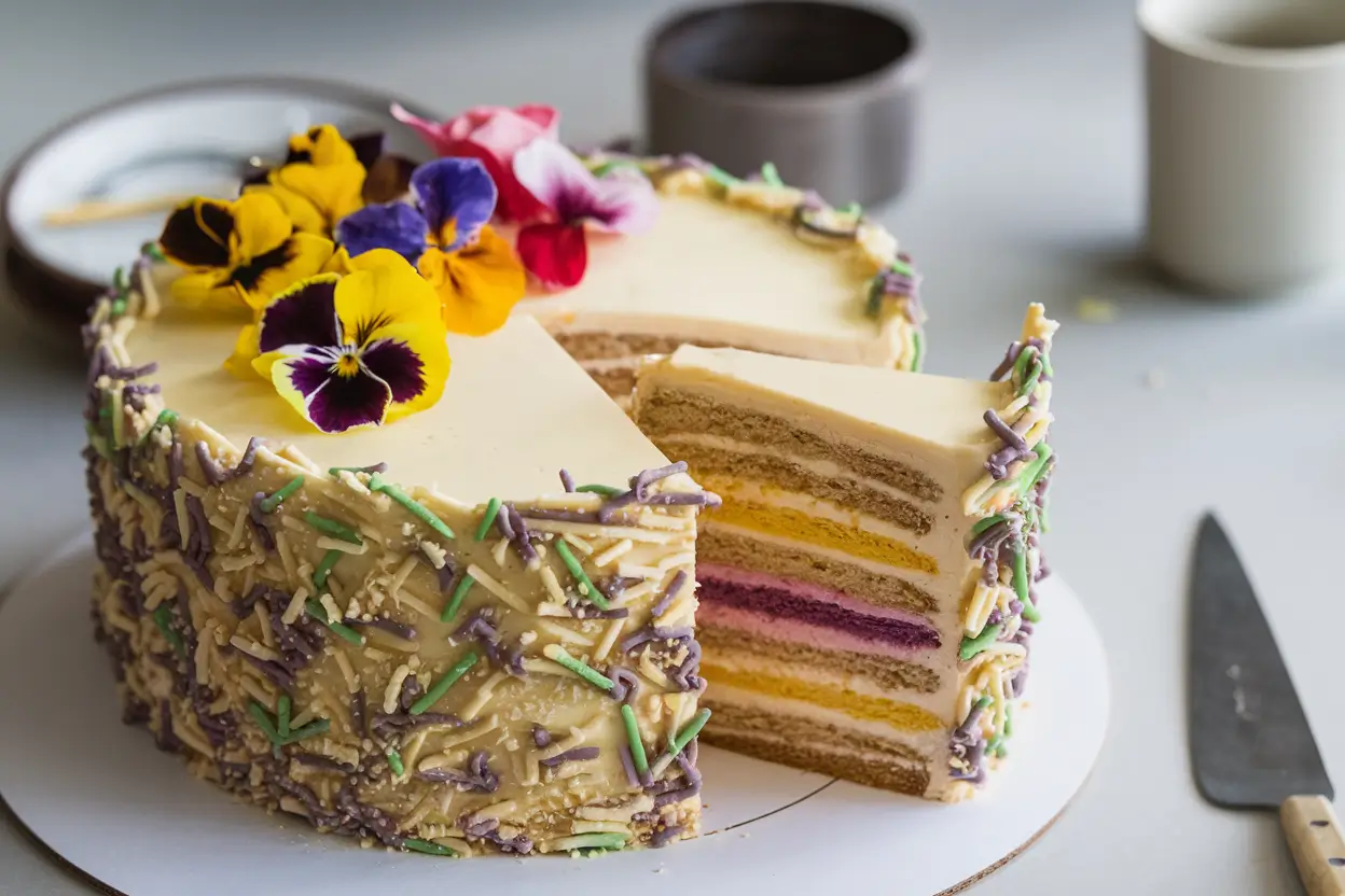 Beautiful Swedish Princess Cake with marzipan and a decorative pink rose.