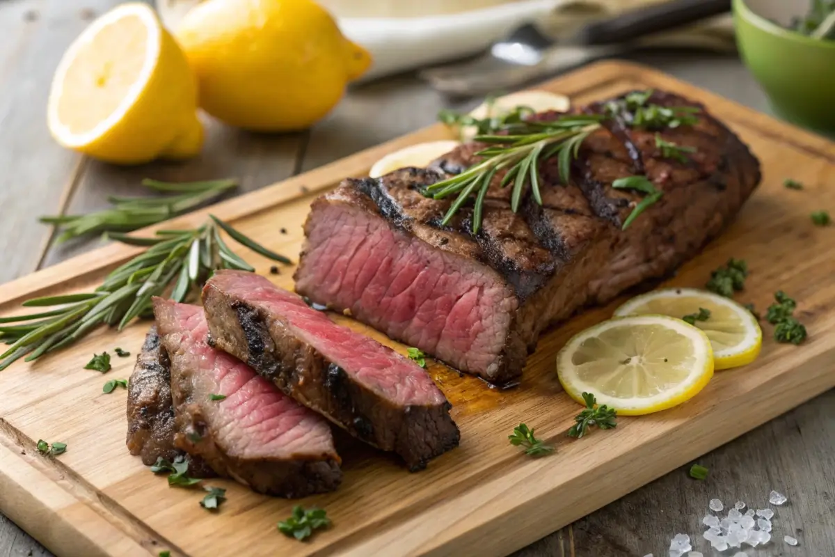 Perfectly cooked teres major steak with herbs