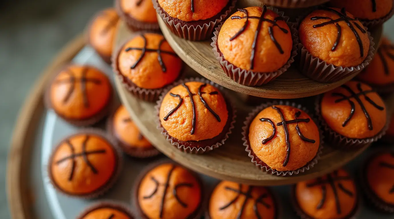 Basketball cupcakes on a tiered stand with a basketball court backdrop