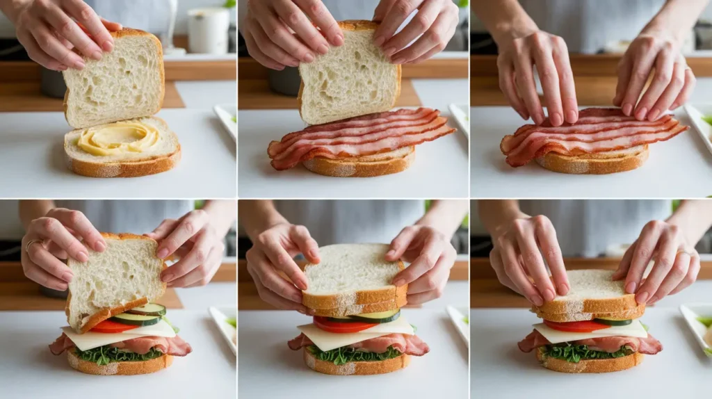 Step-by-step assembly of a turkey bacon sandwich with bread, spread, bacon, and vegetables.