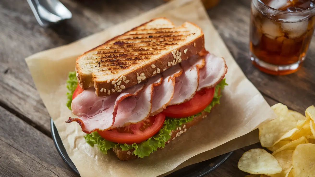 Freshly made turkey bacon sandwich with crispy bacon, lettuce, and tomato on whole-grain bread