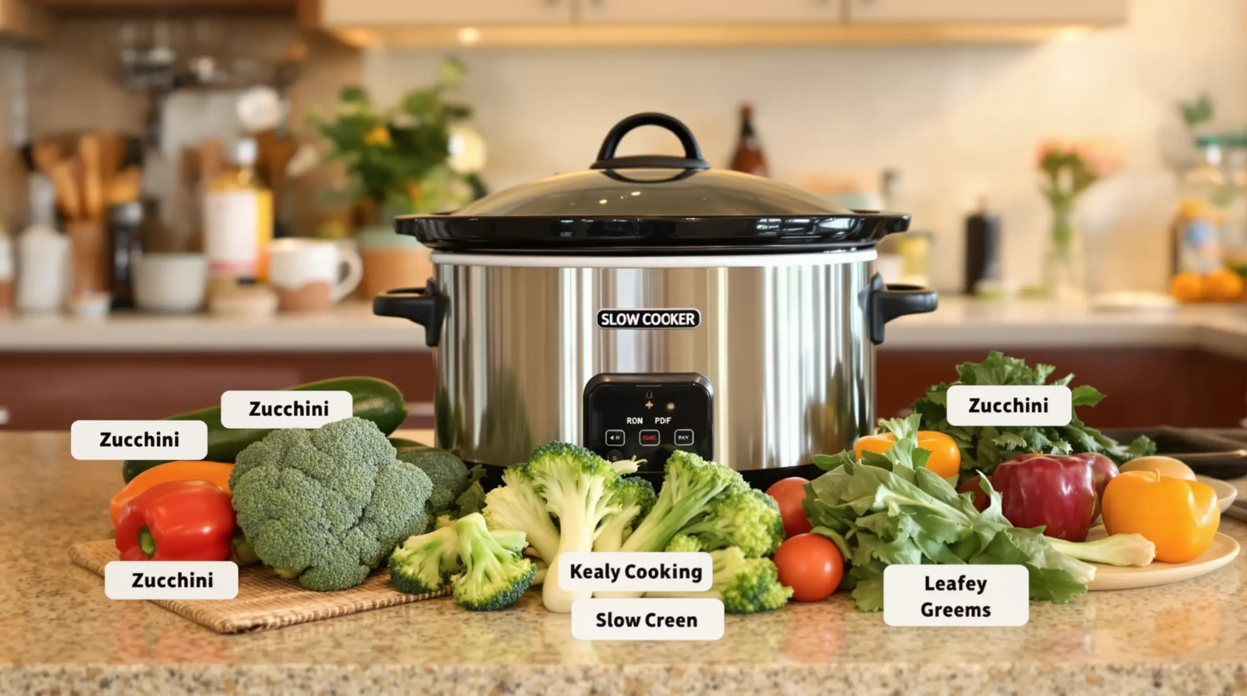 Slow cooker surrounded by unsuitable vegetables for slow cooking like zucchini and leafy greens.