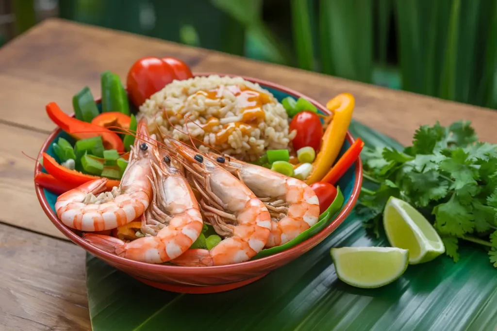 Shrimp bowl with colorful vegetables, rice, and sauce.