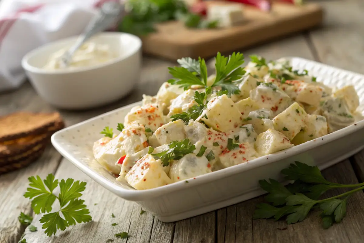 Perfectly plated potato salad garnished with fresh herbs.