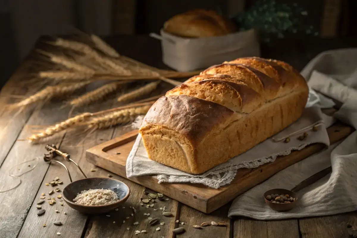 Freshly baked bread loaf on a wooden table.