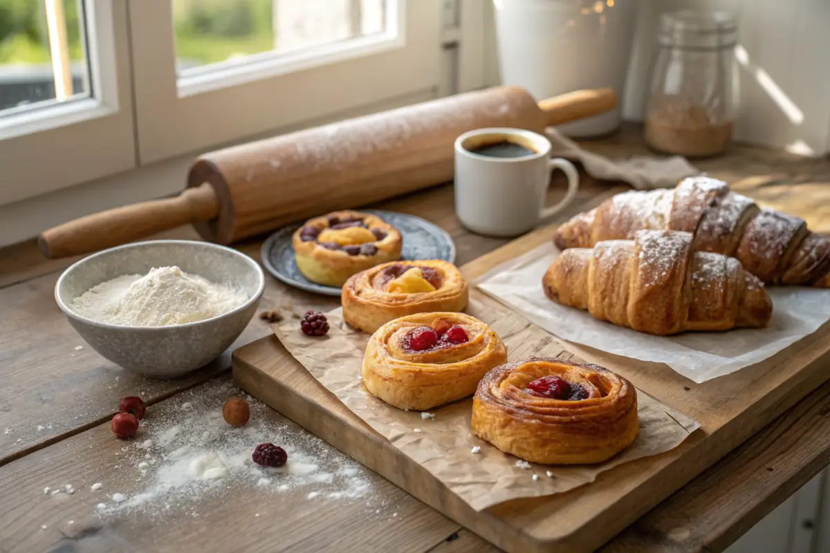 Freshly baked breakfast pastries on a wooden countertop.