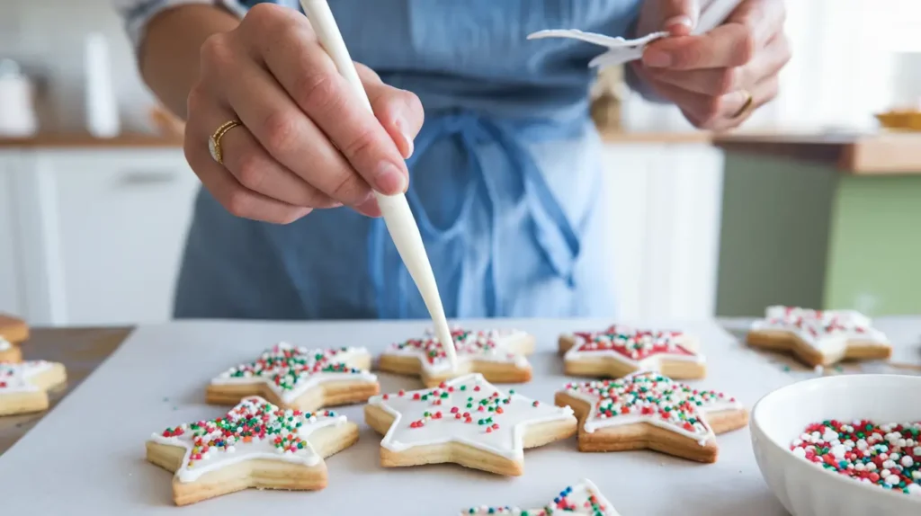 Hand decorating star cookies with royal icing.