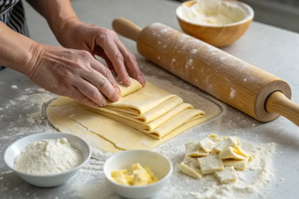 Hands folding butter into pastry dough.