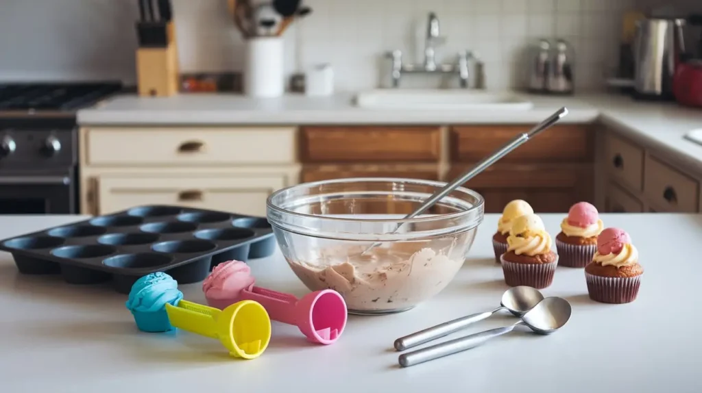 Ingredients for making ice cream cupcakes, including cupcake batter, ice cream, and baking tools.