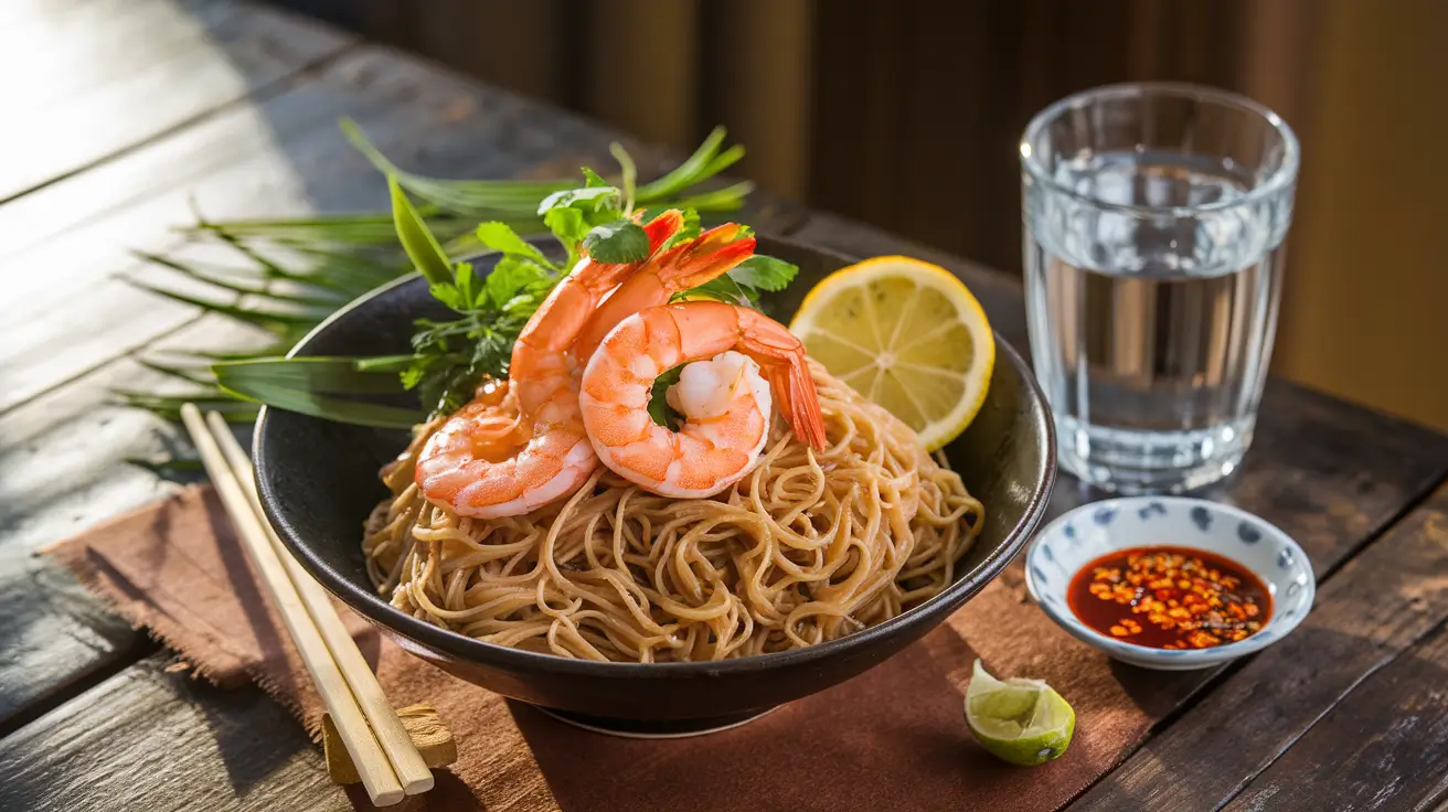 A vibrant bowl of shrimp and noodles garnished with herbs