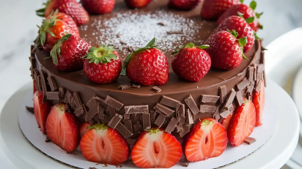 Chocolate covered strawberry cake with ganache topping.