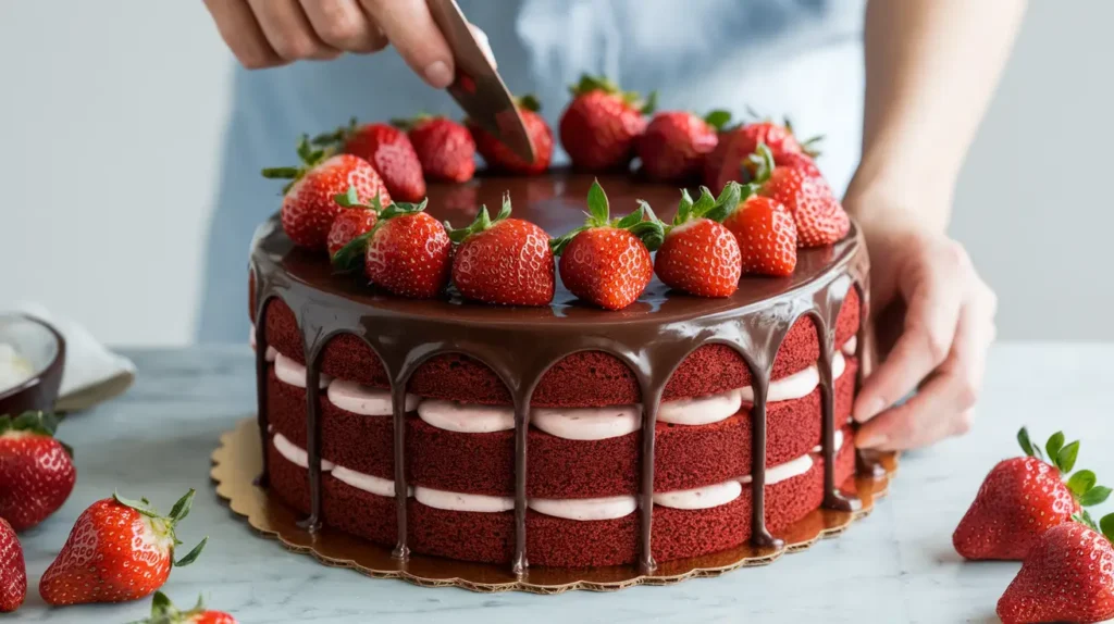 Layering chocolate cake with ganache and strawberries.