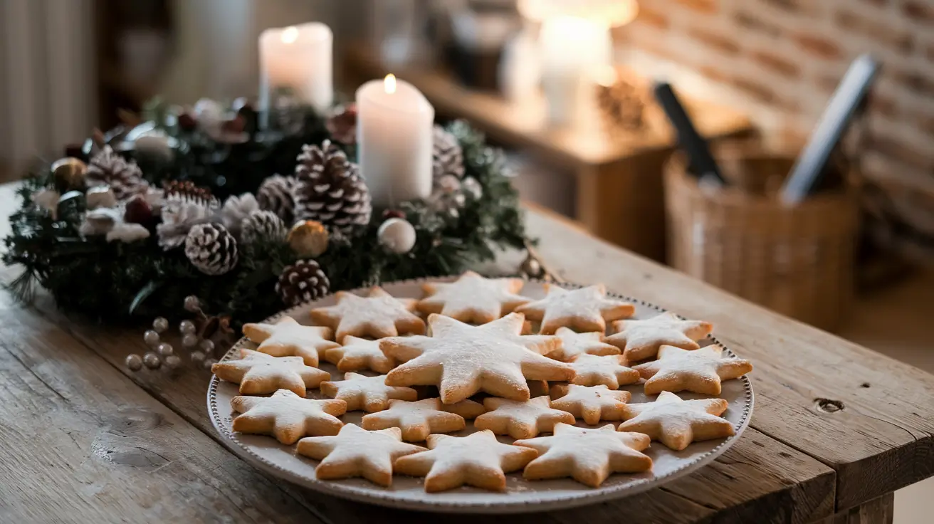 Freshly baked star cookies dusted with powdered sugar.