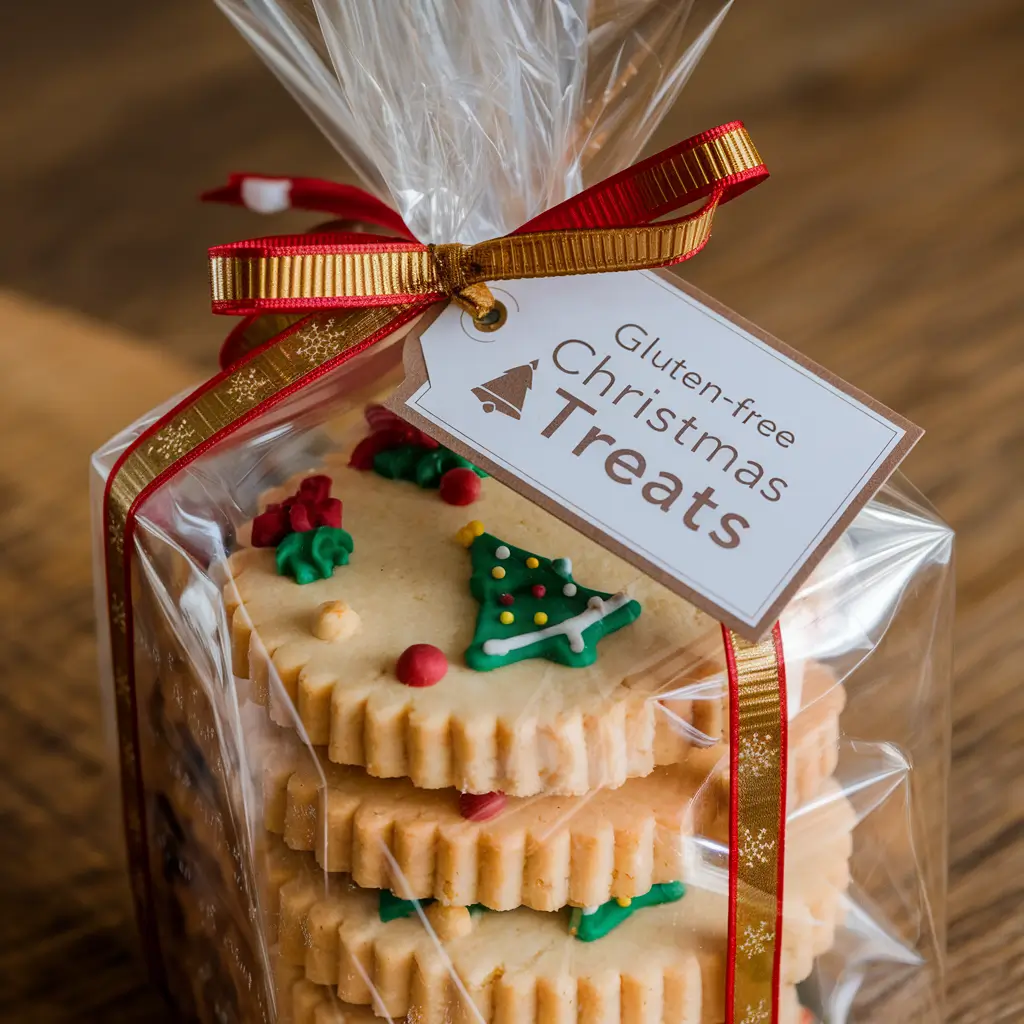 Gluten-free biscuits packaged in festive gift wraps with ribbons.