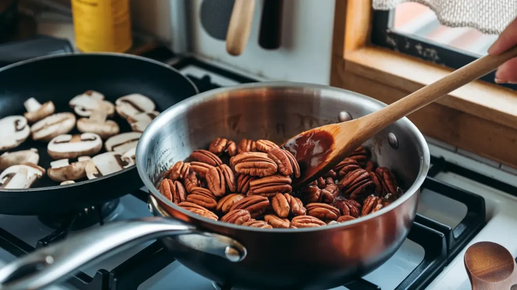 Cake batter poured over pecans